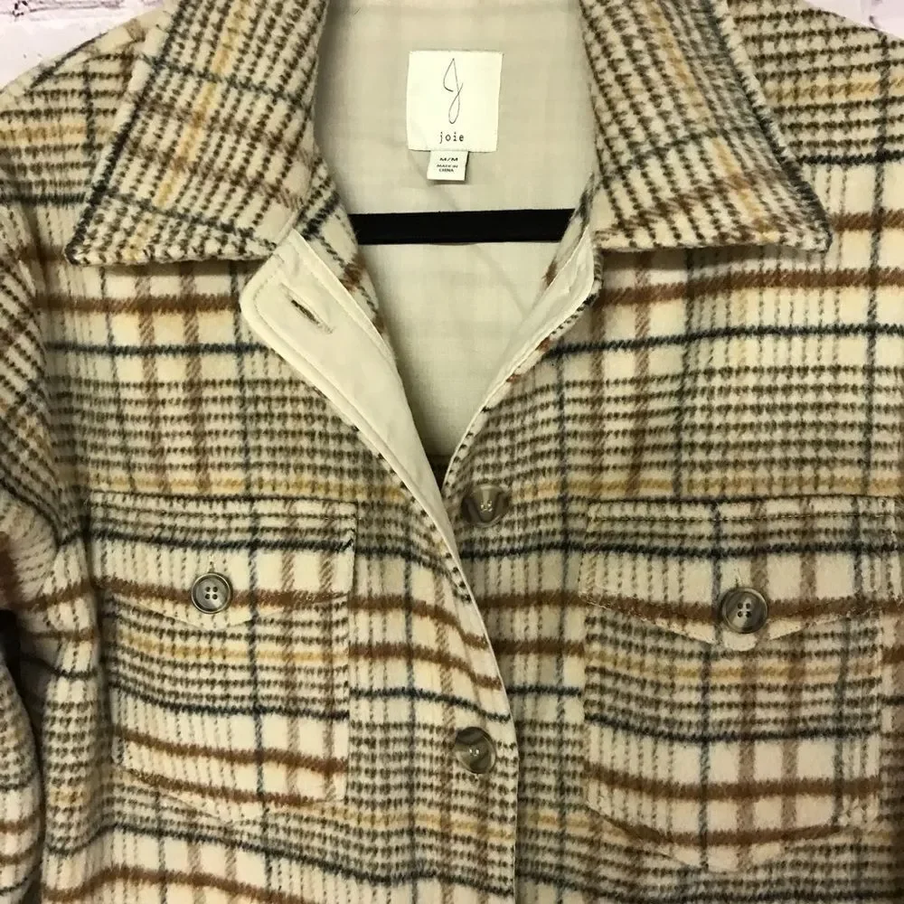 NWOT JOIE Oversized Neutral Plaid Button Up Casual Wool Blend Jacket Shacket M